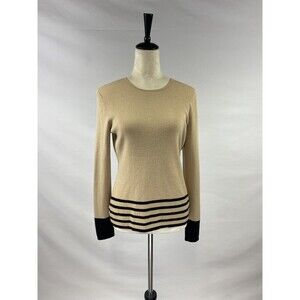 Loft Sweater Tan Camel Black Stripe Medium Merino Wool Cashmere Blend Pullover